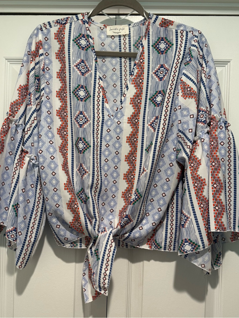 NWOT lavender field Blue and Red Patterned Tie-Front Boho Blouse